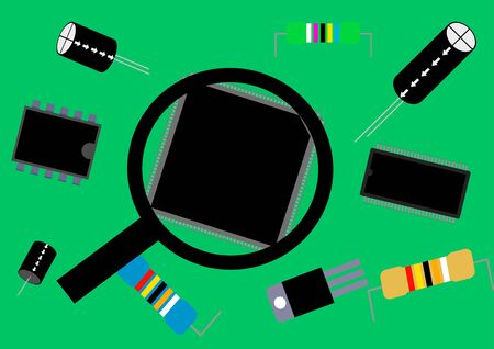 Electronic components and magnifying loupe template for text. Electronic industry. Electronics...