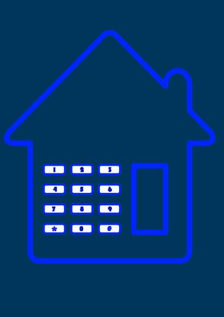 Combination lock on the door of the house. Safety system. Face recognition. Fingerprint recognition. Password. Poster. Advertising on the billboard. Vector background image. Place for text. Template.のイラスト素材