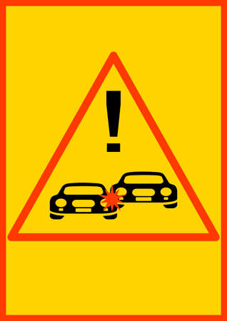 Traffic warning sign attention road traffic accident. Collision of two cars on the road. Wheeled vehicle accident. Warning sign. Place for your text. Background image. Poster. Booklet. Vector.のイラスト素材
