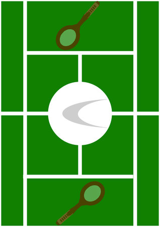 Vector image of a tennis tournament poster. Racket and ball for playing on the tennis court. Racket and ball on a green grassy court. Poster. Template with place for text. Booklet. Bigboard.のイラスト素材
