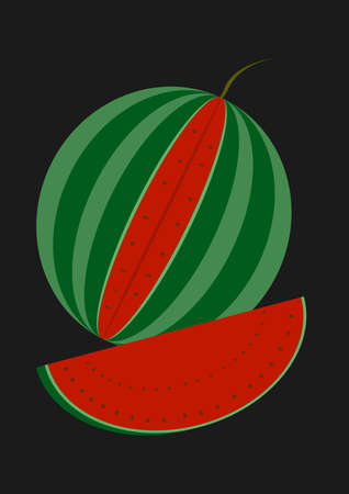 Sliced green watermelon with red pulp and seeds. Harvest watermelon berries. Background image. Website page background. Vector. Agriculture. Poster. Booklet. Place for your text. Showcase.のイラスト素材