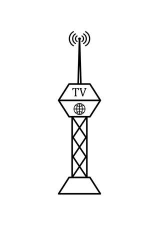 Television tower transmitting radio signal vector image. TV antenna. A tower that transmits radio signals. Outdoor transmitting antenna. Media. Electronic technology. Place for your text. Poster.のイラスト素材