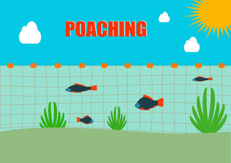 Poaching with nets vector image with place for text. Industrial fishing with nets. Ecological catastrophy. Poaching in reservoirs. Poster. Poster. Background image.のイラスト素材