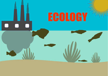 Pollution of water bodies by industrial waste emissions. Dead fish. Endangered fish species. Ecological catastrophy. Environmental pollution. Smoking chimneys of the plant. Poster. Place for text.のイラスト素材