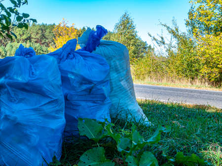 Household garbage in blue bags near the road.の写真素材
