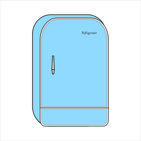 Semicircular old blue refrigerator with a handle. Refrigerator repair. Retro kitchen appliances. Repair of a retro refrigerator. Maintenance of refrigeration climatic equipment. Master repairman.のイラスト素材