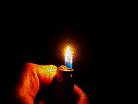 Burning lighter in the hand of a man on a black background. Fire flame burning lighter. Light a...