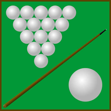 Billiard ball and cue on the playing table. Billiard pocket for a sphere. Balls in a pyramid. Break the pyramid. Game club. Sports tournament. Tournament emblem Template for text. Poster. Vector.のイラスト素材
