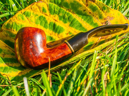 Wooden smoking pipe for tobacco and autumn leaf. Pipe for smoking tobacco. Smoker's tool. Wooden table. Bad habits. Nicotine addiction. Nicotine in cigarettes. Background image. Poster.の写真素材