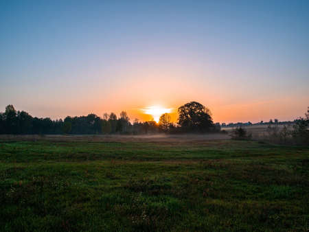 Orange sunrise over a meadow in fog. Orange sunny sunset over the horizon. Trees on the horizon. Morning fog over the meadow. The morning dawn of the rising sun. Evening dawn of the sunset.の写真素材