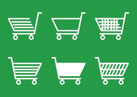 Vector image of a shopping cart for goods in a store. Shopper trolley in a supermarket. Shopping in a store. Transportation of purchases in the supermarket. Place for text. Set of vector images.のイラスト素材