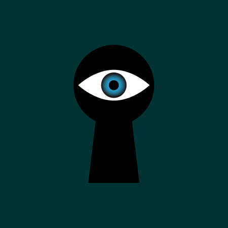 The human eye looks through the keyhole. Keyhole. Human eye. Door lock. Safe lock. To spy. Confidentiality. Safety system. Closed area. Quarantine. Background image. Vector. Place for text.のイラスト素材