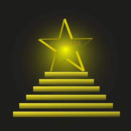 Gold superstar on a black backlit background. Superstar of success. Career growth. Ladder of success. Golden starfall. Logo. Place for text. Prize. Celebrity award. Background image.のイラスト素材
