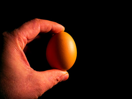 Easter chicken eggs in hand on a black background.