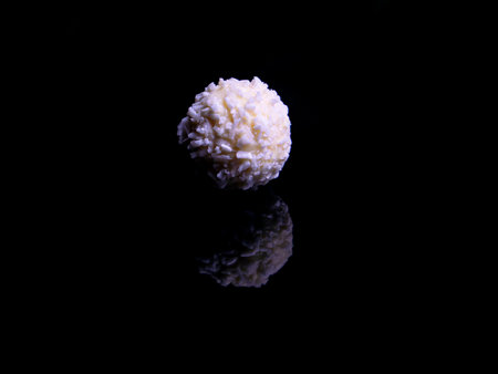 Round white candy with coconut flakes on a black background.の写真素材