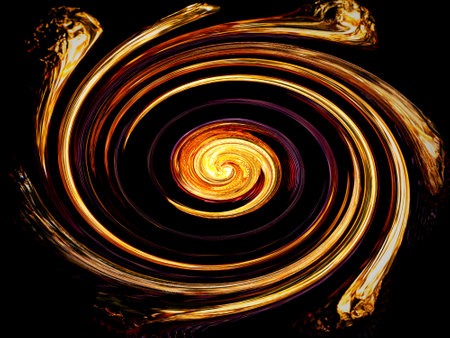 Fiery spirals of curvature of space on a black background. Fiery swirls. Outer space abstraction. Cosmic spiral. Abstract flame. Black background. Golden color. Background image. Poster.の写真素材