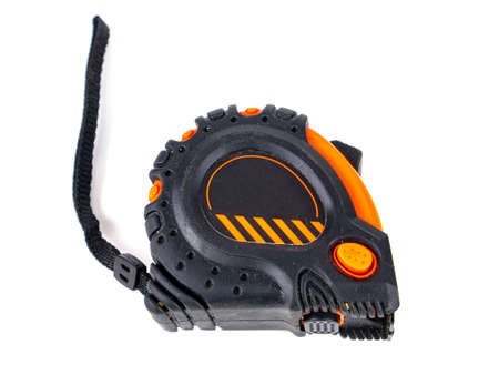 Worker measuring tape tool on white background.の写真素材