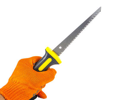 Hand saw working tool on a white background. Saw teeth. Garden hand tools. Construction equipment....