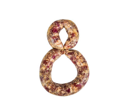 Ring home sausage meat on a white background.の写真素材