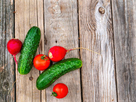 Vegetables cucumbers with tomatoes on a wooden table. Green cucumber. Red tomato. Red radish....