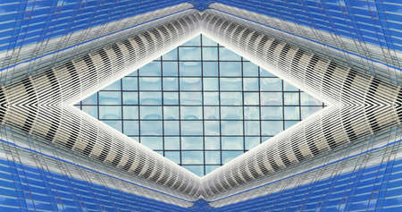 Abstract image of an office building with glass windows. Business and finance. Office architecture. The building is made of concrete and glass. Template for text. Urban geometric architecture.の写真素材