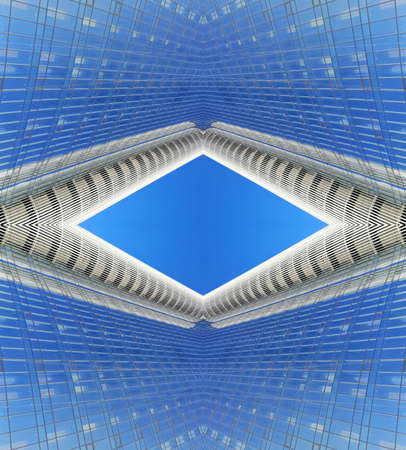 Abstract image of an office building with glass windows. Business and finance. Office architecture. The building is made of concrete and glass. Template for text. Urban geometric architecture.の写真素材