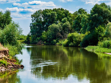River flow of water along the steep bank. Reflection in water. Trees with green leaves. Blue sky with white clouds. Summer season. Coastline. Heavenly horizon. Backyard landscape.の写真素材