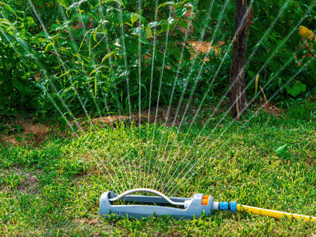 Irrigation system for watering a green grass lawn. Garden equipment. Water drops. Water jet. Garden irrigation system. Green grass lawn. Industrial equipment. Gardening. Agriculture.の写真素材