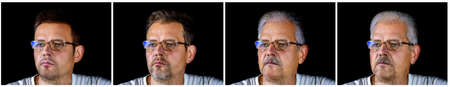Set of a portrait of a man with glasses of different ages. Human aging process. Gray hair. Beard and...