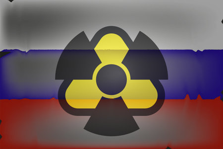 Nuclear danger sign on the background of the Russian flag.の写真素材