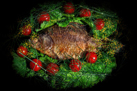Fried crucian fish garnished with red tomatoes and green salad. carp fish. red tomato. green salad....
