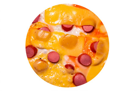 Fried eggs with sausages and hard cheese isolated on white background. Fried eggs. hard cheese. meat sausages. Chicken egg omelet. The beauty. Culinary dish omelet. business.の写真素材