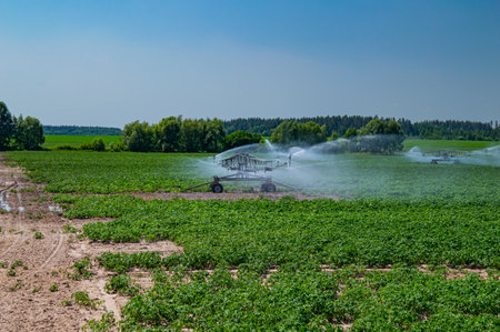 Machine irrigation of an agricultural field with water.の写真素材