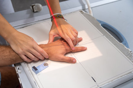 Close up of a hand x ray in sessionの写真素材