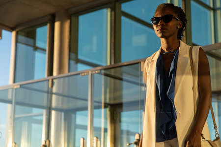 A young black businesswoman standing at an airportの写真素材