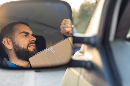 Delivery man working inside a van holding a parcel ready to deliver. Looking at his watchの写真素材