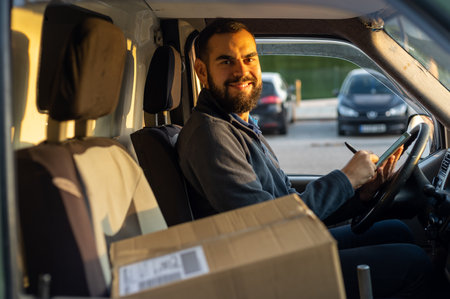Delivery man working inside a van holding a tablet next to a parcel ready to deliver. Looking at...
