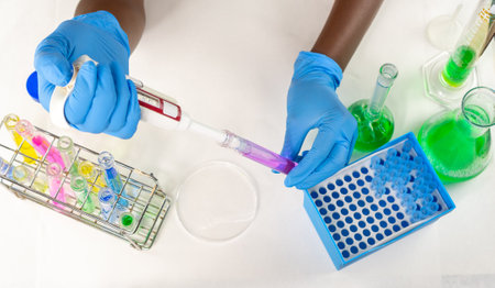 A close up of a woman's hands with gloves on taking a sample of a liquid from a test tube using...
