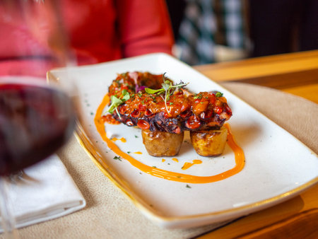 Baked potatoes with sauce and vegetables on a plate in a restaurantの写真素材