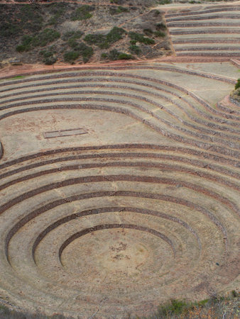 View of the terraces of Moray Sacred valley of the incas in Peruの写真素材