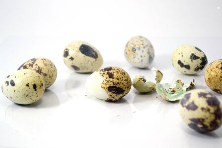 The gang, quail eggs on white background