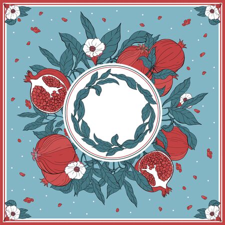 Silk scarf with pomegranate branch with fruits and flowers. Card, bandana print, kerchief design, napkin, wedding invitation, birthday, fabric, healfy food, scrapbook. Ready for print.のイラスト素材