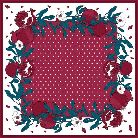 Silk scarf with pomegranate branch with fruits and flowers. Card, bandana print, kerchief design, napkin, wedding invitation, birthday, fabric, healfy food, scrapbook. Ready for print.のイラスト素材