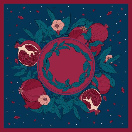 Silk scarf with pomegranate branch with fruits and flowers. Card, bandana print, kerchief design, napkin, wedding invitation, birthday, fabric, healfy food, scrapbook. Ready for print.のイラスト素材