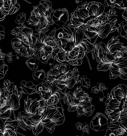 Seamless natural texture with blossom garden flowers peonies, orchid. Hand drawn. Black and white. Vintage. Victorian styleの写真素材