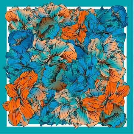 Delicate colors of silk scarf with flowering peony. Pink, blue, violet and white. Batik techniqueのイラスト素材