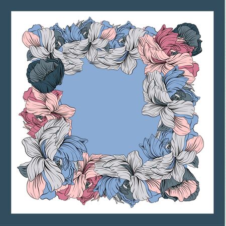 Colorful silk scarf with flowering poppy and peonies. White, blue, violet on pink.のイラスト素材