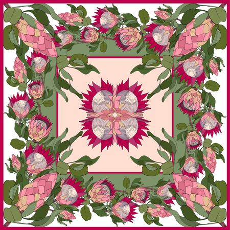 Colorful silk scarf with flowering proteas. Vintage style. Floral ornament.のイラスト素材
