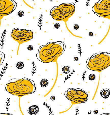 Vector floral pattern in doodle style with flowers and leaves.のイラスト素材