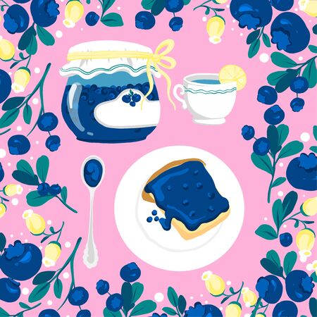 Natural organic blueberry berries jam jar, leaves, spoon, plate and cup of tea vector illustration.のイラスト素材
